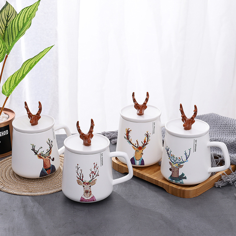 The kitchen Nordic INS creative antlers ceramic cup with cover cartoon keller student picking cups of coffee cup