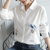 Spring base shirt shirt womens long-sleeved loose thin ethnic wind embroidery flower fashion casual pure cotton white shirt