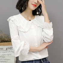 Doll collar white shirt womens long-sleeved 2021 spring new Korean fashion style lotus leaf collar pure cotton white shirt