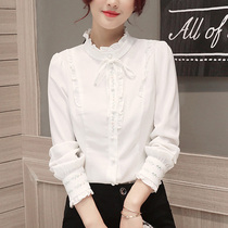 White shirt womens long-sleeved spring new ear edge stand-up collar bow tie slim embroidery flower base shirt shirt