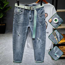 Breaking Hole Jeans Mens Body Straight Drum Long Pants Korean Version Trendy Casual Light Color Retro 90% Pants Spring Fall