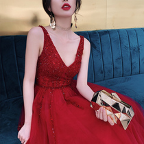 Toast Bride 2021 New Long Red Wedding Evening Dress Engagement Dress Sexy V Collar Slim Female