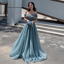 One-word shoulder banquet evening dress female 2021 new long socialite host dress fairy temperament noble elegance