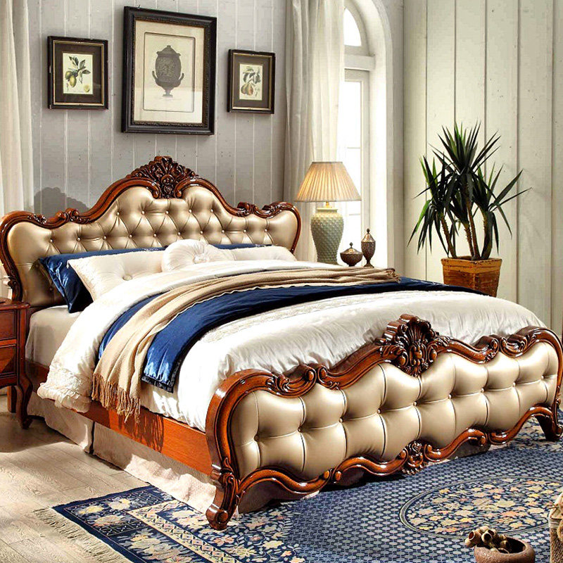 布艺邦美式真皮双人雕花软床