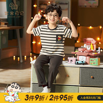 Child Pyjamas Boy Summer Wax Pen Little New Pure Cotton Slim short sleeves Long pants Little Boy Big Boy Home Residence Suit Suit