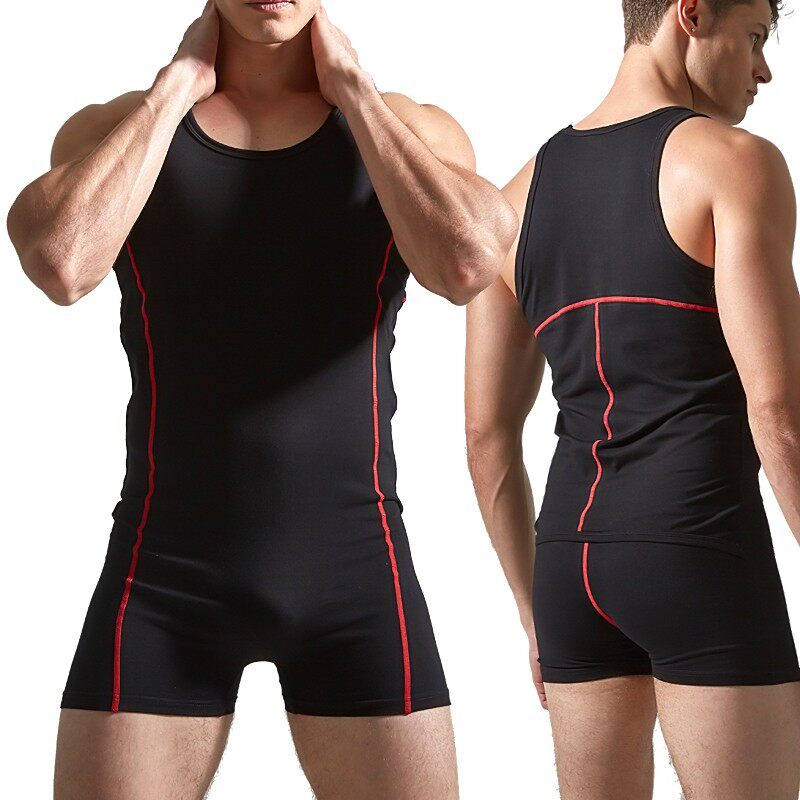 潮男修身连体衣性感塑身全棉健身居家服睡衣连体平角背心后开方便