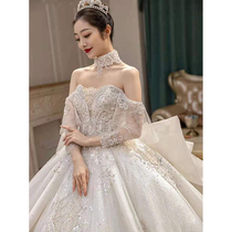 Wedding dress 2021 new bride one word shoulder heavy industry luxury big tailing court wind covering thick arm small man Winter