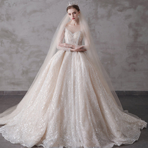 Starry Sky Wedding Dress 2021 New Bride Simple and Atmospheric Luxury Mori Super Long Sleeve Temperament Tail