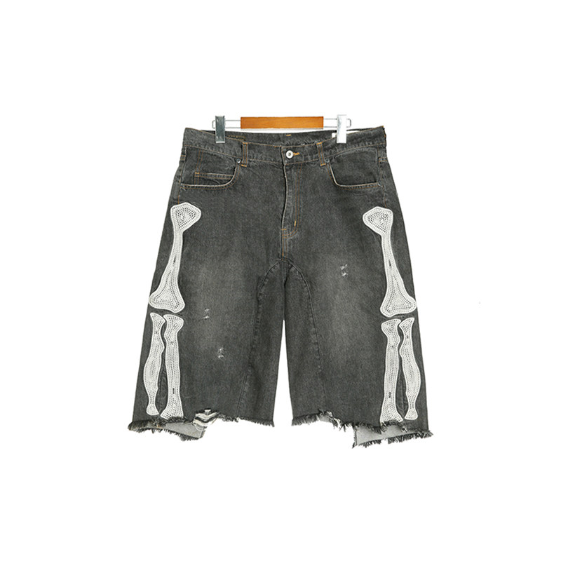 KAPITAL 骨刺繍 ダメージ デニムショーツ 平田和宏デザイン ヴィンテージ KAPITAL日系刺繡牛仔短褲平田和宏設計破壞風牛仔褲