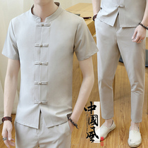 The new Chinese style men's short-sleeved t-shirts handsome trendy cotton linen suit Buddha linen suit one