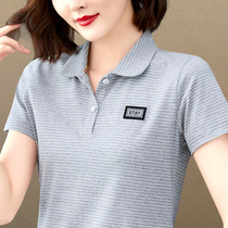 Short-sleeved t-shirt female summer suit 2022 new rollover pure cotton striped fashion tinker pure-colored mother top polo shirt