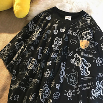 American retro national tide design sense full printing bear round neck T-shirt 2021 spring and summer mens and womens street lazy style short-sleeved