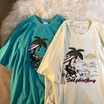 American retro street creative embroidery short-sleeved T-shirt mens and womens national tide Harajuku style casual round neck loose top spring