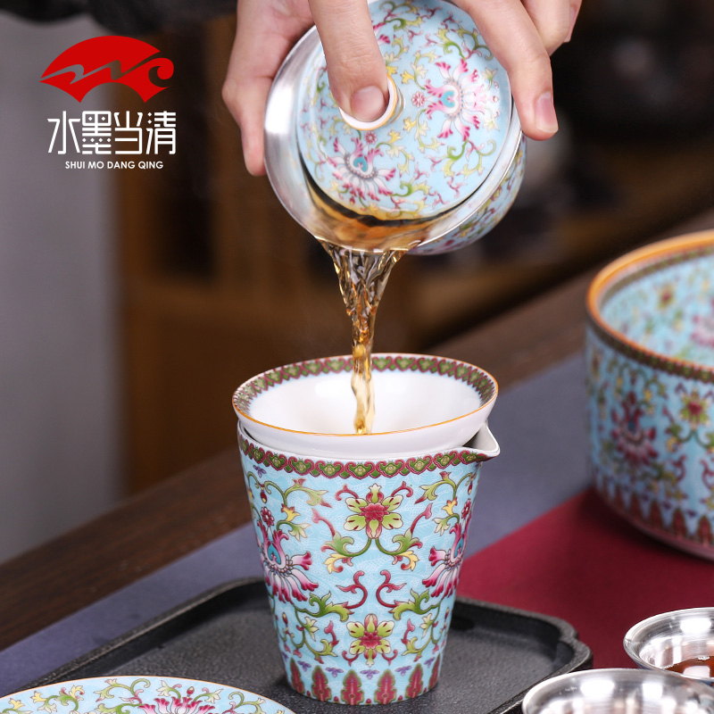 Coppering. As silver colored enamel kung fu tea set household jingdezhen ceramic tureen tea cups high - end gift box office