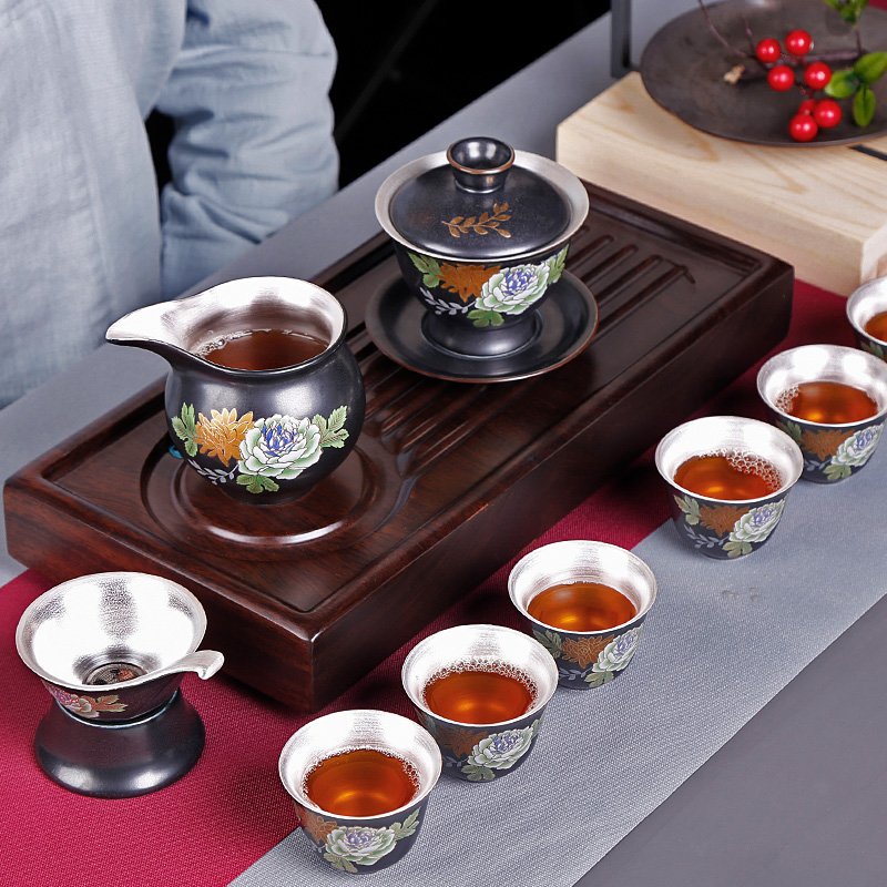 Kung fu tea set ceramic household of Chinese style restoring ancient ways tasted silver gilding silver tureen office six cups of gift boxes