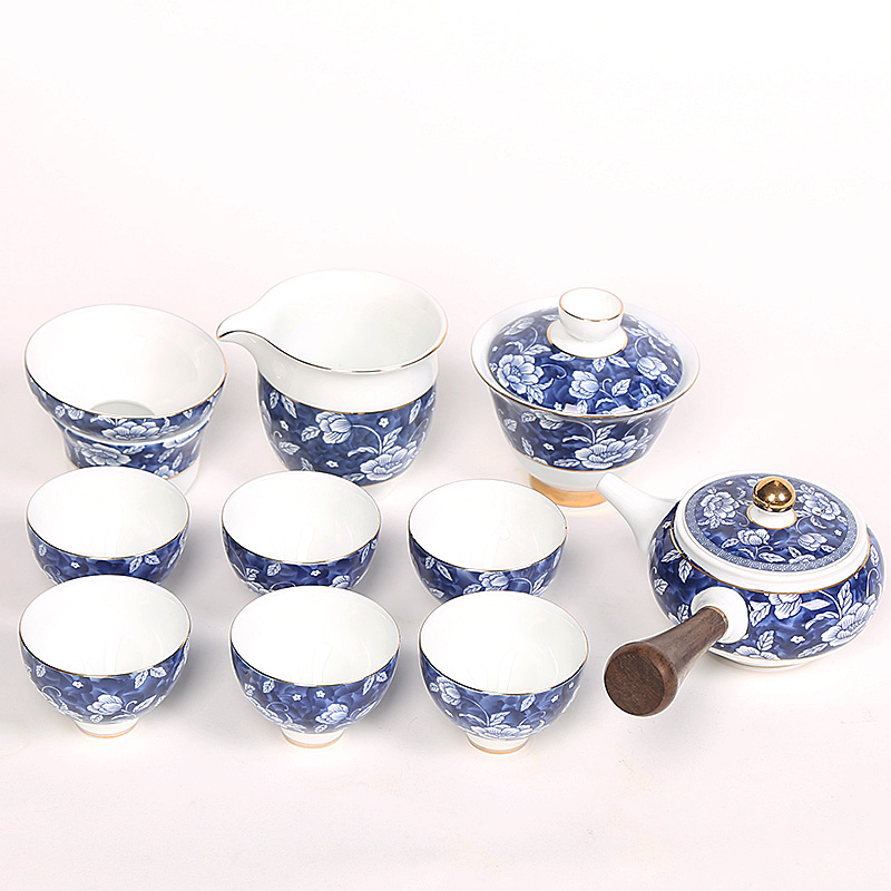 Hibiscus flowers covered bowl of blue and white porcelain ceramic kung fu tea set combinations of a complete set of 6 people with simple office