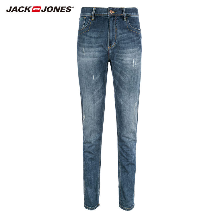 5折JackJones杰克琼斯莱卡修身锥腿男破洞水洗牛仔裤C|215232016