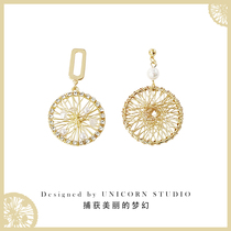 Dream catcher earrings temperament diamond pearl earrings high-end woven hollow round earrings fashion all-match earrings