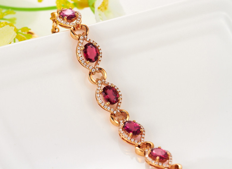 lisa creation正品18k金镶嵌钻石红色宝石手链 天然红碧玺手链