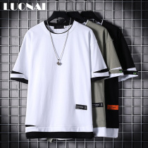 Fake 2pcs Ice White Short Sleeve T-Shirt Summer Trendy Mens Cotton Loose Half Sleeve Top Shirt