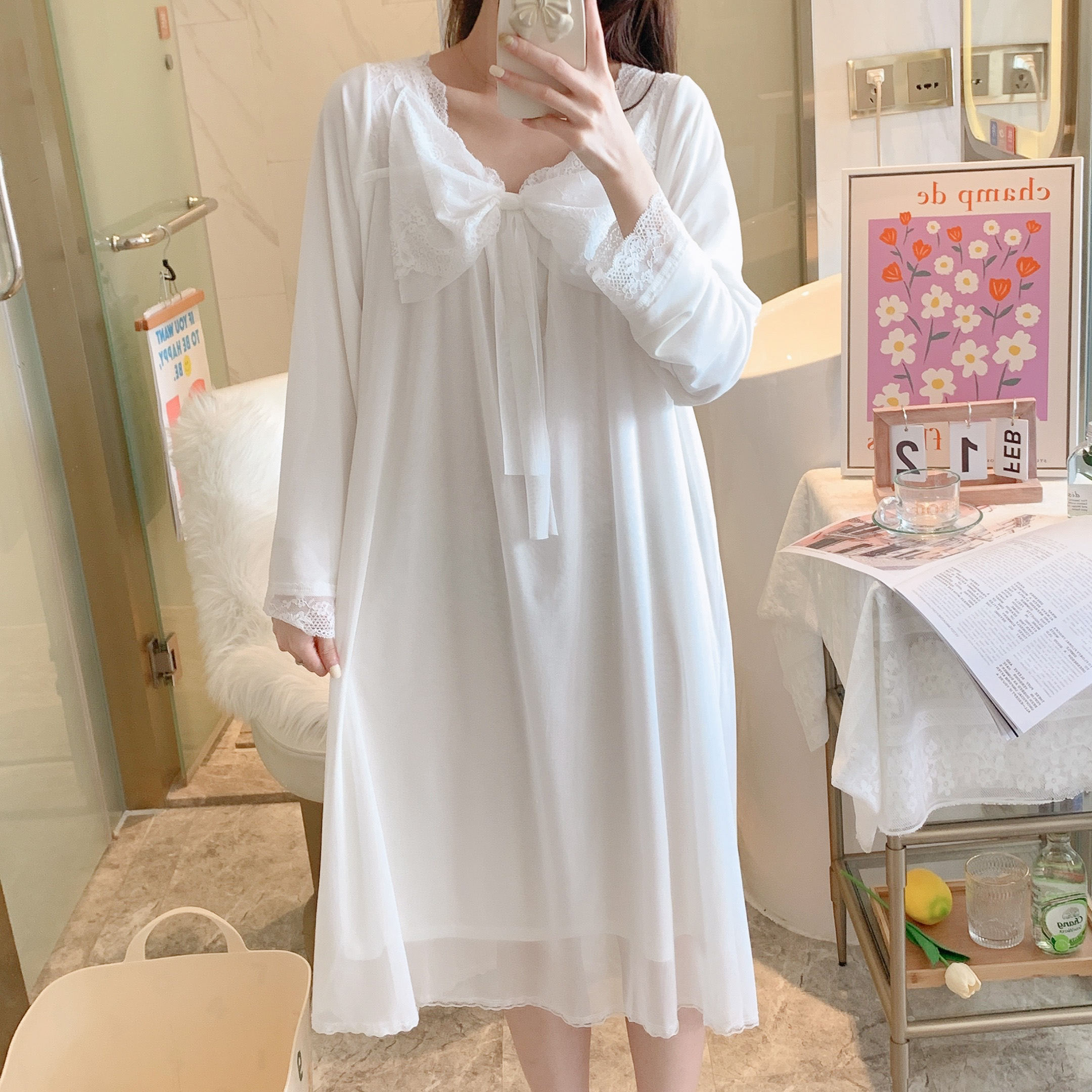 宫廷风睡衣女春秋长袖人棉网纱蕾丝花边中长款秋公主风睡裙仙女裙