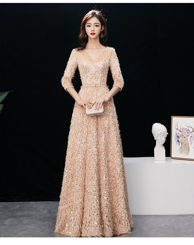 晚礼服女2020秋季新款宴会香槟色亮片长款年会主持人长袖气质名媛