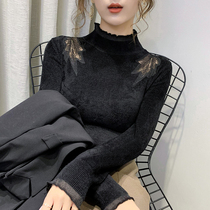 Lace Jersey Undershirt Woman Autumn Winter New Ocean Gas 100 lapped Korean version Velvet Stitch Weasel-knit Long Sleeve Blouse