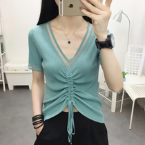 Ice-silk-knitted sweatshirt woman short sleeve thin section foreign gas v collar draw rope blouse 2022 new 100 hitch-shirt female summer tennis red
