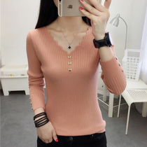 Autumn wear 2021 new solid color wild V neck base shirt women long sleeve slim short inner knit sweater top