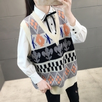 Korean Version Spring Clothing Gross Line Waistcoat loose outside wearing female V collar Elegant Sweater Sweater Vest Sleeveless Knit Camaran Waistcoat