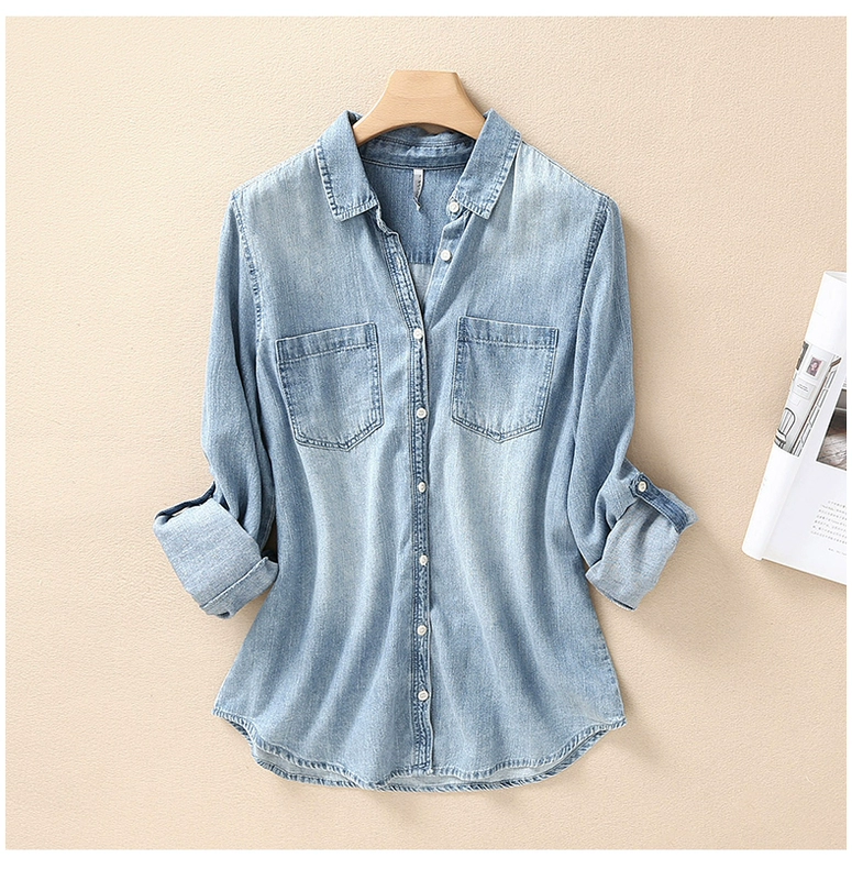 2021 Phiên bản Hàn Quốc của thời trang thời trang nữ thời trang giặt sạch cotton denim áo sơ mi nữ mỏng giản dị đáy dài tay áo sơ mi - Áo sơ mi dài tay