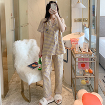 Two-piece suit for the new yellow-grid spring and autumn in the summer of the short-sleeved pajamas