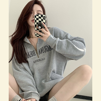 2021 new autumn and winter plus velvet thick gray high collar shoulder pullover sweater female chic harbor wind loose coat