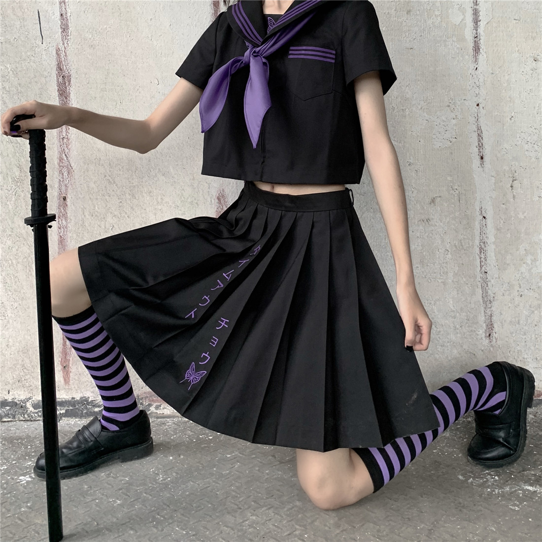 猫圆圆原创重工刺绣夏服正统不良jk制服黑紫