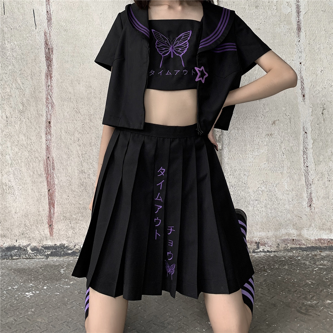 猫圆圆原创重工刺绣夏服正统不良jk制服黑紫