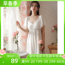 Fata-style retro palace Palace Wind Sleeping Skirt Woman Knitted Cotton With Chest Cushion Short Sleeve Pyjamas Sweet Beauty Lace Side Home Dress