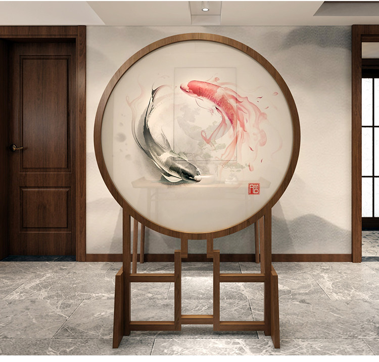 中式圆形屏风隔断客厅时尚办公卧室实木玄关古典镂空座屏年年有鱼