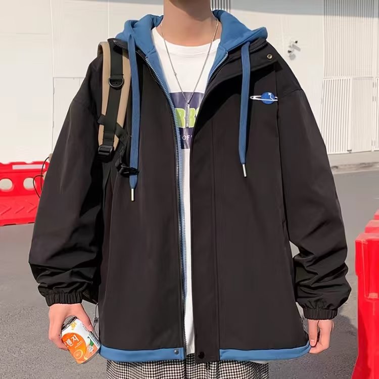 假两件外套男春秋港风韩版潮牌棒球服ins宽松连帽vintage夹克情侣