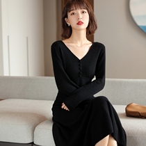 FENPERATE 2022 autumn and winter wool knitted dress womens high waist temperament thin V collar inner Medium-length dress