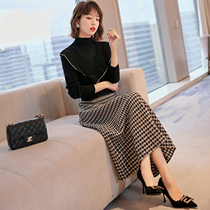 Simple and generous woolen bird grid skirt 2022 Spring New temperament high waist A character thin bag hip skirt