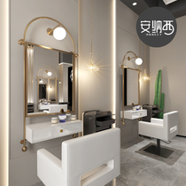 Net red barber shop mirror Light luxury hair salon Hair beauty makeup single mirror with lamp Wall-mounted hair mirror