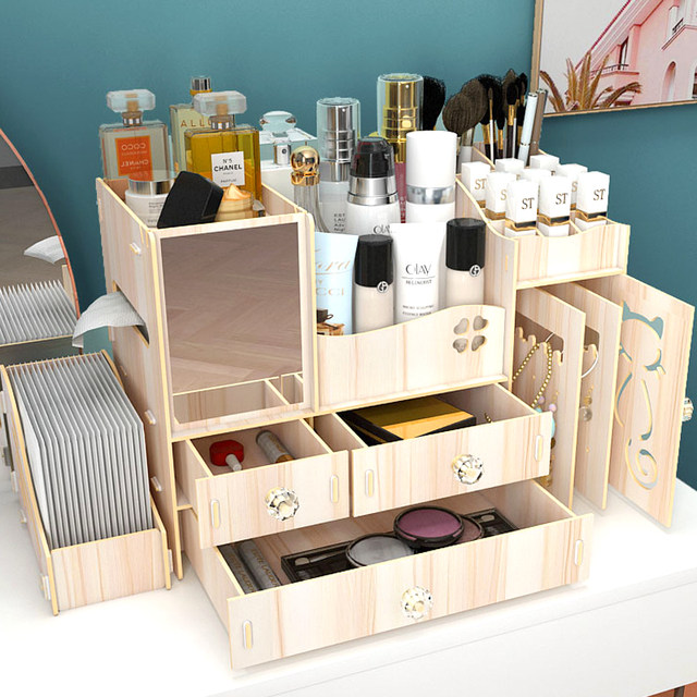 Net red wooden desktop finishing cosmetics storage box drawer with mirror lipstick skin care products dressing box shelf Net red wooden desktop finishing cosmetics storage box drawer with mirror lipstick skin care products dressing box shelf