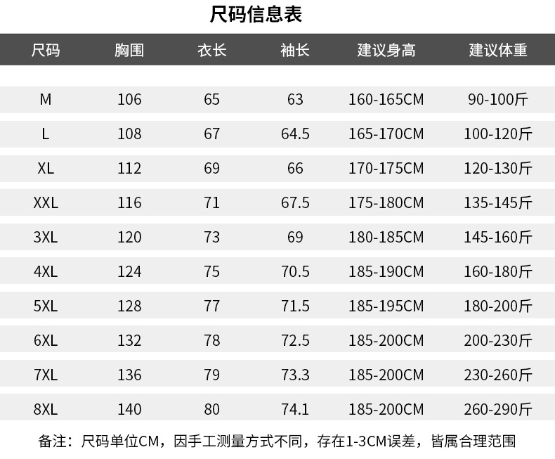 羽绒服男款尺码对照表图片