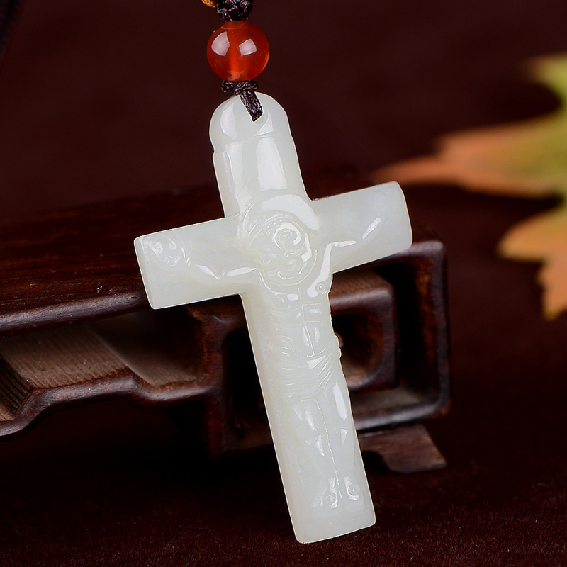侍帝天然和田玉十字架吊坠基督耶稣玉坠男女项链白玉石项坠情侣