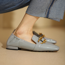 ins small crowddesign French style genuine leather square head lefu shoes one foot pedal bean bean shoes women metal buckle flat bottom single shoes