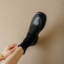 Pins are great to wear ~ genuine leather square head One foot pedal Lefu shoes heightening thick bottom retro small leather shoes women with single shoes