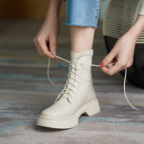 Great wearing thin skinny boots genuine leather thick bottom locomotive boots Inlen lacing Martin boots early winter female flat heel short boots