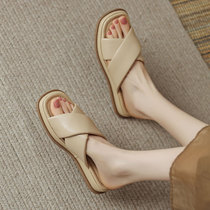 Pendant original ~ shop owner self-leaving new genuine leather cross with a word drag female summer outside wearing a thick bottom sandal