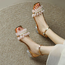 Taimeis gold and silver color new genuine leather lace with ruffled sandal sandals female summer pearl square head heel