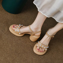 Pendant L Original ~ New Genuine Leather Pearls STRAIGHT BELT WATERPROOF TABLE COARSE HEEL SANDAL WOMEN SUMMER THICK HEEL HIGH HEEL SHOES